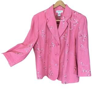 Judith Hart Woman Pink Floral Embroidered Linen Blend Blazer Jacket 16W
